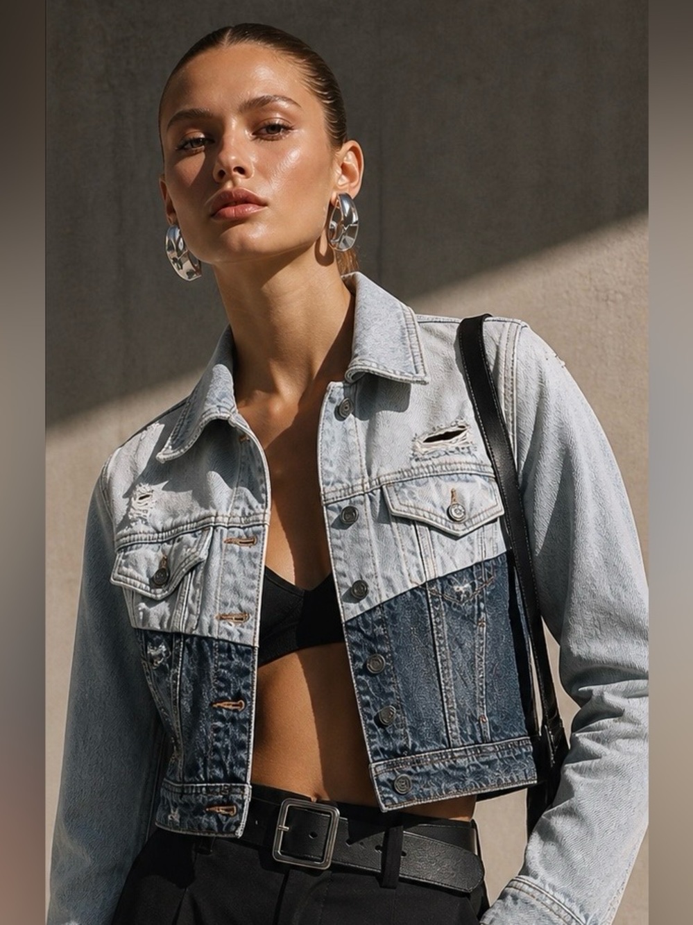 Hidden Denim Colorblock Cropped Jacket Distressed Two Tone Jean Jacket Small